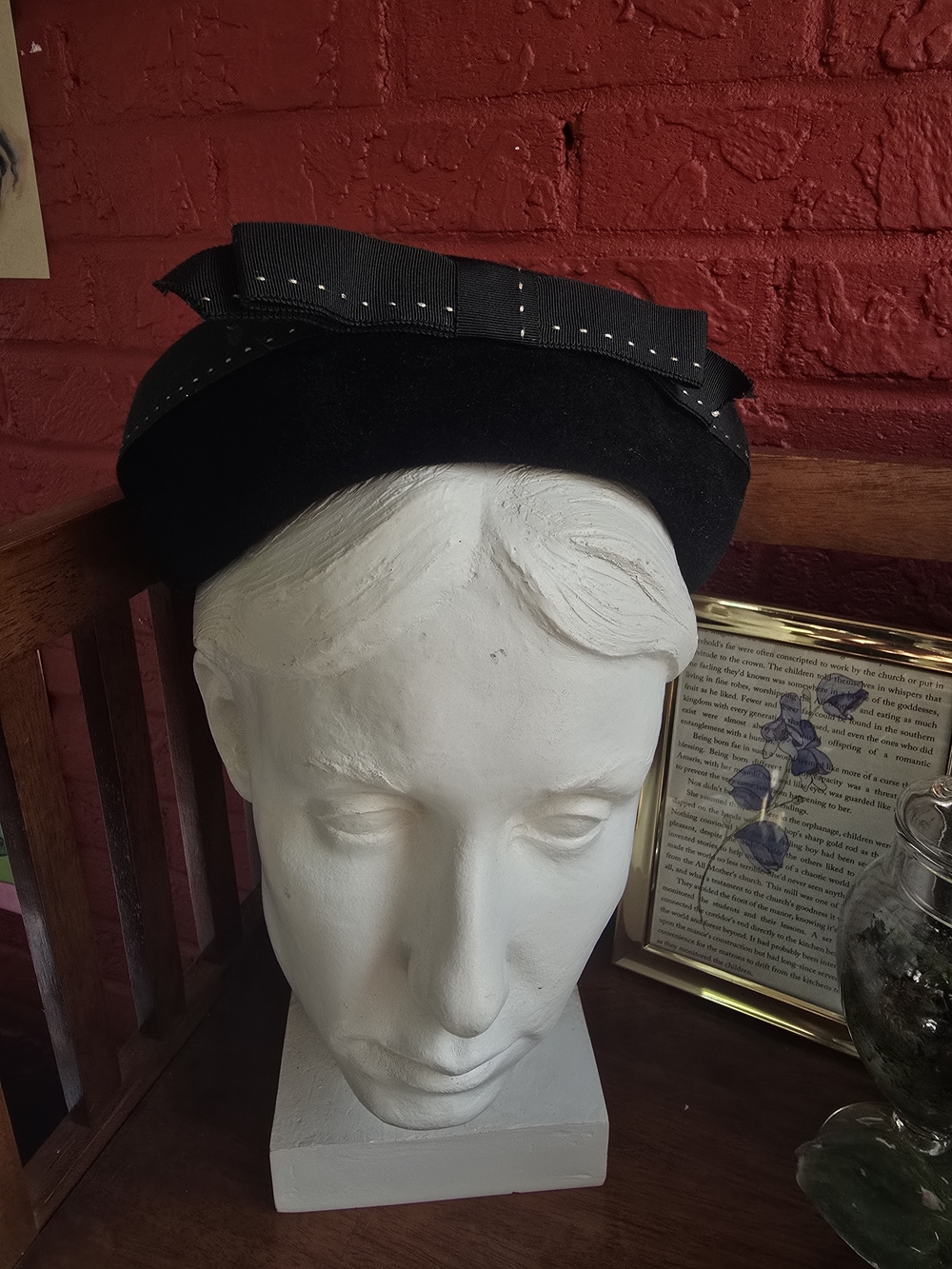 Black Velvet Vintage Pillbox Hat with Ribbon
